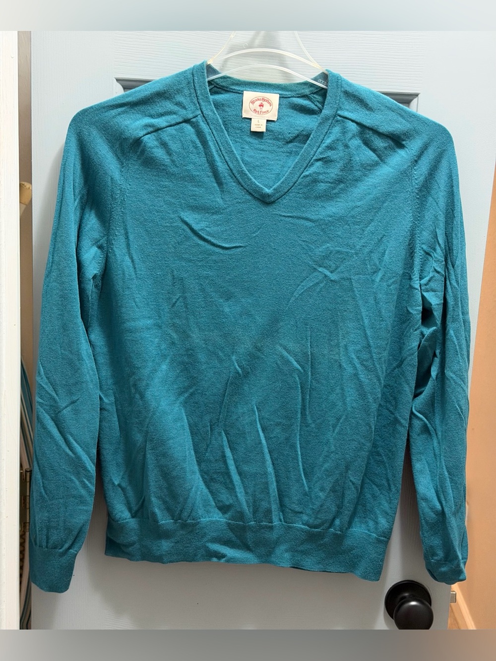 Brooks Brothers Red Fleece Sweater Mens L Teal 
V Neck Cotton Cashmere Pullover